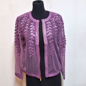 NEW! Colleen Lopez Mesh Leaf / Floral Faux Leather Jacket, Grape Purple